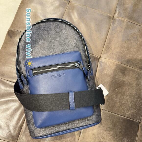 NWT COACH CAX45 West Pack Colorblock Signature Canvas Leather Charcoal/Deep Blue